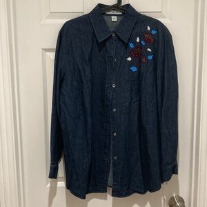 NWT Josephine Chaus SIZE 1 Dark Blue Denim Top with Beaded Flower Design